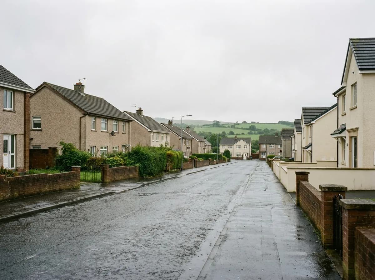 Residential street on the edge of a County Antrim town, with pebbledash semi-detached houses and rendered homes, and green hills beyond