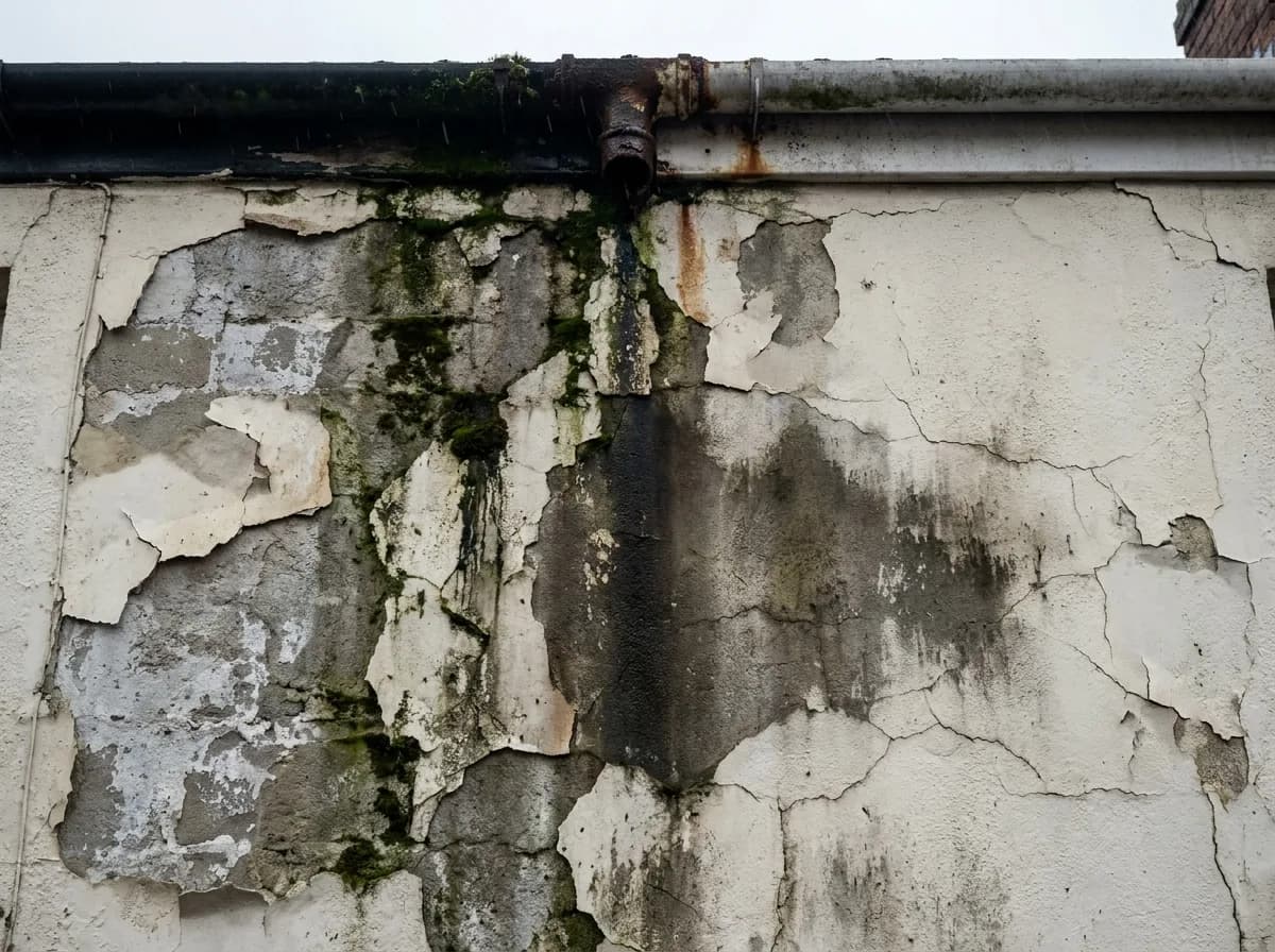 Failed exterior wall coating before recoating, flaking away in sheets with algae growth and dark streaking below a leaking gutter joint