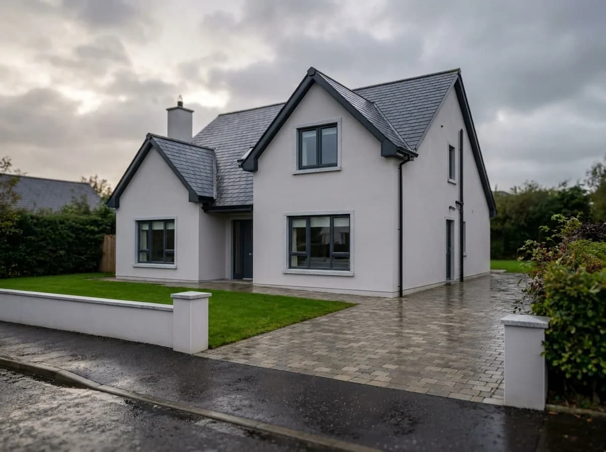 Modern rendered detached house in County Antrim with crisp granite-effect concrete window sills beneath grey-framed windows, photographed on an overcast day