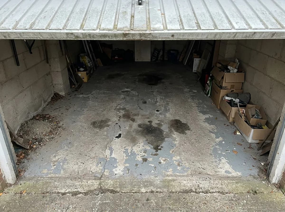 Bare domestic garage floor before resin, showing dusting concrete, oil staining, cracking and flaking old floor paint