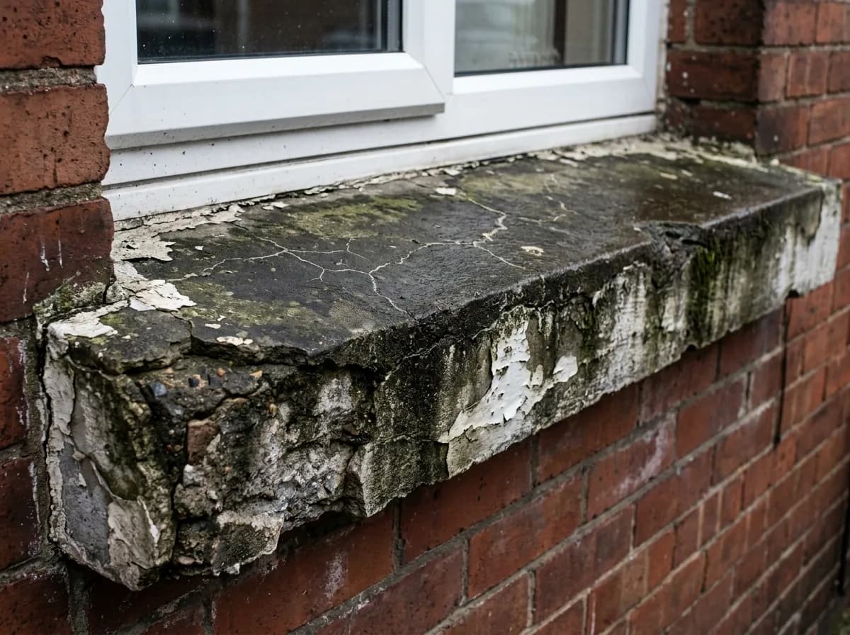 Weathered concrete window sill before restoration, with crumbling front edge, algae staining, crazing and flaking paint