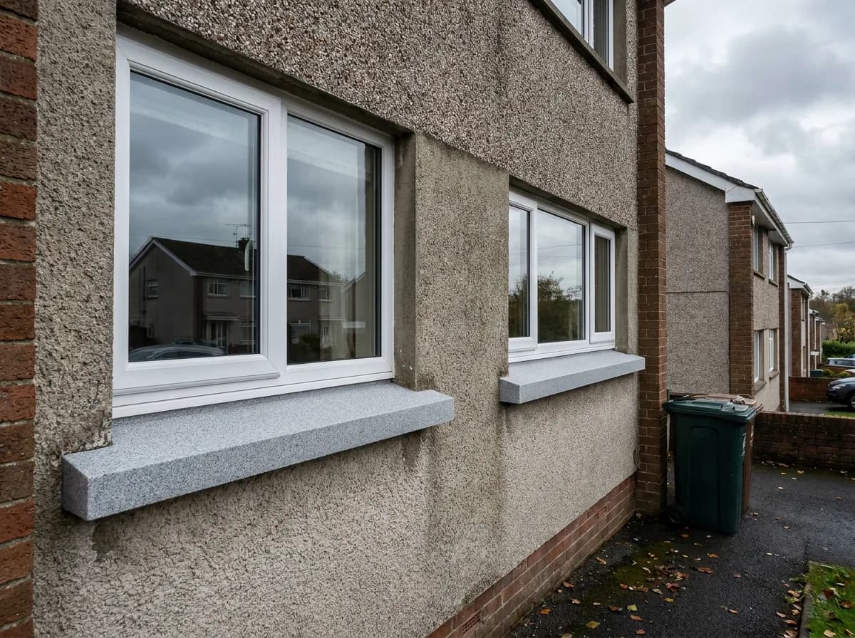 Restored granite-effect window sills on a pebbledash semi-detached house, showing the clean square front edge beneath white uPVC windows