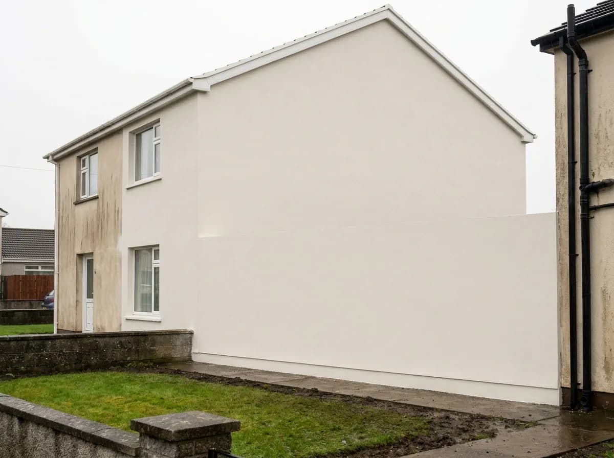 House gable freshly finished in a smooth off-white render coating, with a section of older weathered render visible alongside for contrast