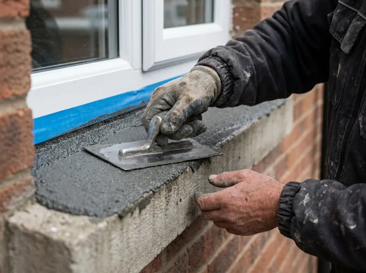 Tradesman applying a grey stone-chip granite-effect coating to an external concrete window sill with a steel trowel, window frame protected with masking tape